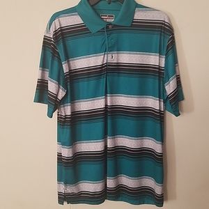 Green, gray, and black striped polo